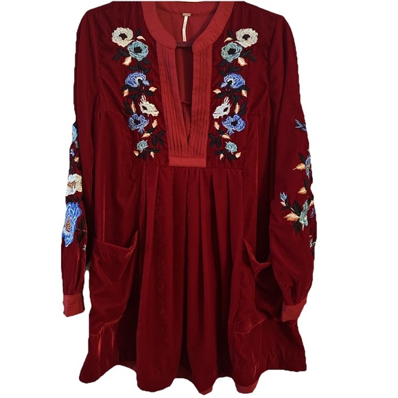 Free People Dresses & Skirts - Free People Red Velvet Mini Dress Embroidered Details Size Small